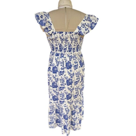 THML Maxi Dress Blue & White Floral Smocking Sz. M 100% Cotton - Picture 5 of 16